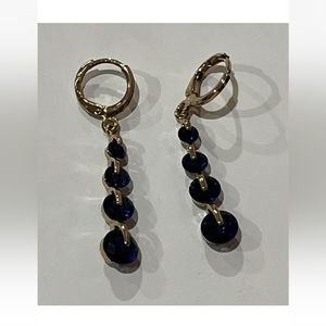 Gold tone Blue Crystal dangle earrings. 10K gold + tested